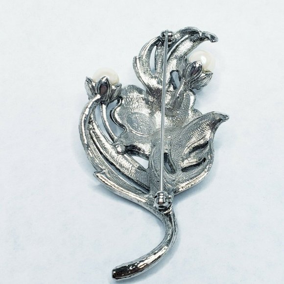 KJL Kenneth Jay Lane Marcasite Faux Pearls Rhinestone Flower Brooch Pin Signed - Picture 3 of 5